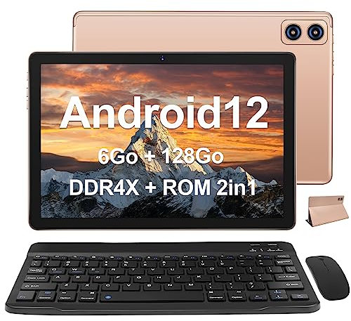 Tablette 10 Pouces Android Tablettes，2.0 GHz 16GB RAM + 128GB ROM (TF 1TB)，Processeur 8 Cœurs, GMS Certified，5G WiFi, Bluetooth 5.0, 13MP+5MP, 8000mAh, 1280*800, Tablette Tactile Clavier & Souris-Or