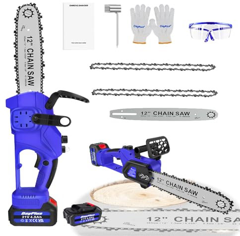12 Inch Handheld Chainsaw Battery Powered, Upgraded Brushless Cordless Chainsaw with 20ml Oil Capacity, 2 Chains Battery Chainsaw, Auto-Tension and Anti-Vibration Electric Chainsaw