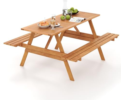 COSTWAY Picknicktisch für 6 Personen, rechteckiger Gartentisch mit 2 integrierten Bänken und Schirmloch, Sitzgarnitur, Sitzgruppe für Hinterhof, Garten, Terrasse