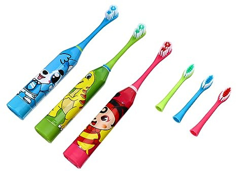 Beavorty Elektrische Kinderzahnbürste Schallzahnbürste Mit Weichen Borsten Abs Material Buntes Cartoon Design Für Schonende Zahnpflege Kleinkinder 3 Stück Mit Batterien Und Ersatzbürsten