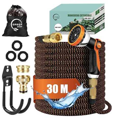 GREENGOF Manguera de Jardín Premium 30 Metros - Boquilla de Pulverización de 10 funciones, Ligera y Extensible - Conectores de Latón y Alta Resistencia con Núcleo de Látex - Color Naranja.