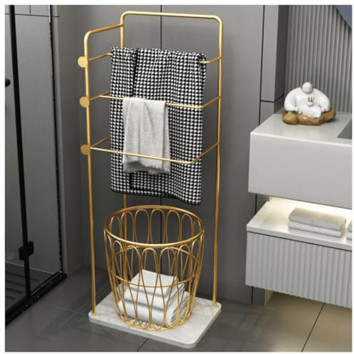 OUYUE Handtuchständer Stehend Handtuchständer Aus Metall Mit Wäschekorb, Freistehender Handtuchhalter Mit Marmorsockel Für Die Waschküche Handtuchhalter Freistehend(Gold)