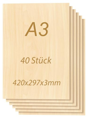 Tocome 40 Stück A3 Linden Sperrholz 420x297x3mm laserfähige Holzplatten | gleichmäßige Holzlagen, glatte Oberfläche, einfache Bearbeitung, DIY Handwerk, Lasergravur