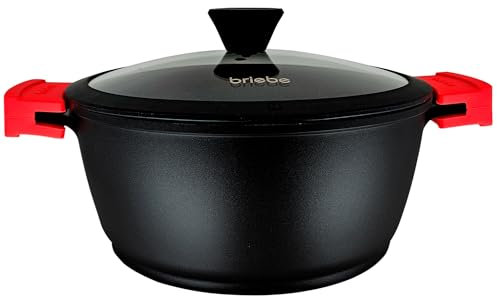 briebe Black Titanium Cacerola Cocina Inducción Antiadherente Titanio, Cazuela 24cm, Aluminio Fundido, Recubrimiento sin PFOA, Tapa Cristal, Asas Silicona Extraíbles, Vitrocerámica, Gas, Horno