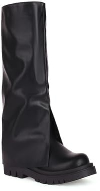 HQINGAXU Donne Stivali Alti da Equitazione in Pelle con Punta Rotonda Tacco Chunky Stivali Biker Lunghi con Risvolto Stivali Caldi Invernali Stivali da Lavoro A Polpaccio Largo,Nero,43 EU