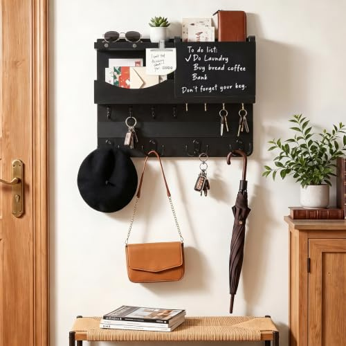 JKOKPMG Schlüsselbrett mit Ablage, Schlüsselbrett Holz mit 16 Haken Nutzt | Schlüsselhalter mit Edelstahlhaken,Schlüsselanhänger Wand Key Holder Wall Modern,Wandregal Schlüssel für Flur & Eingang
