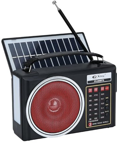 Portable Retro Radio, AM/FM/SW Compact Bluetooth Radio with Solar Panel, Portable LED Lighting, Rechargeable Battery, Support TF Card/USB MP3 Player (Red)