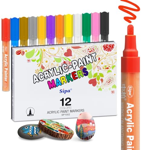 Sipa Acrylic Paint Markers Pens,Set of 12 Colors 3mm Paint Markers for Rock Painting, Glass, Canvas, Wood, Ceramic, Fabric DIY Painting, Waterproof, Non Toxic, Low odor, Crafts for Adults and Kids