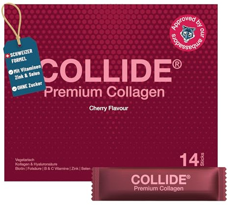 COLLIDE Premium Kollagen | Vegetarisches Kollagen-Hyaluronsäure Pulver | Kirschgeschmack | 14 Portionen | Mit Vitamin C, Biotin, Zink & Folsäure | Ovoderm® Collagen Komplex aus Eierschalenmembran