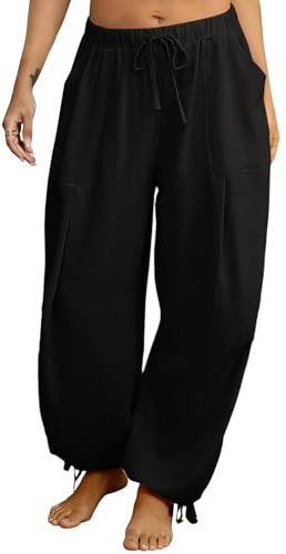 TITOMD Women's Linen Balloon Barrel Beach Pants Boho Harem Flowy Drawstring Casual Loose Pants with Pockets (US, Alpha, Large, Regular, Regular, Black)