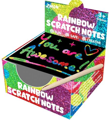 ISAKEN 100 Stück Kratzbilder für Kinder, Kratzpapier-Notizblock Scratch Art Notebook, Regenbogen Kratzpapier mit 2 Holzstifte, Kratzbilder Papier für Mädchen Tochter