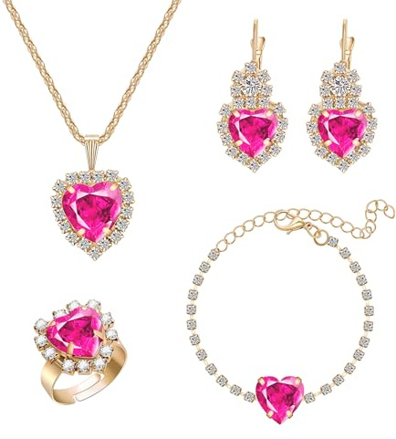 Yifnny Kristall Herz Schmuck Sets, Herz des Ozeans Halskette und Ohrring Sets für Frauen rot rosa lila Prom Schmuck Geburtsstein Halskette für Mama Mütter Tag Geburtstag Geschenke
