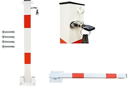 Marwotec Absperrpfosten aus Metall Klappbare Parkplatzsperre mit 2 Kettenösen, Reflektionsstreifen & 3 Schlüsseln Gesamthöhe 70 cm