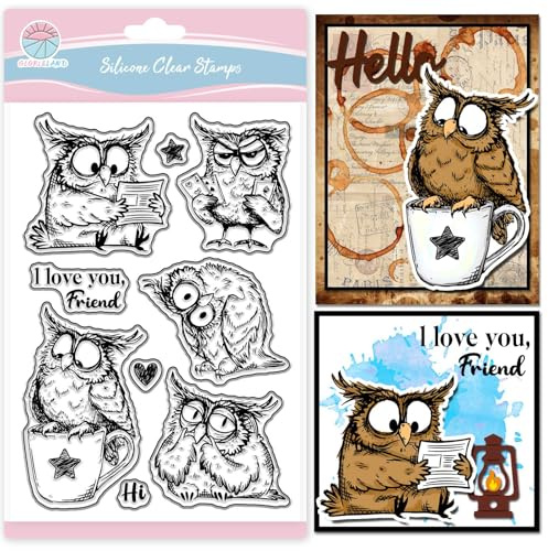 GLOBLELAND Lustig Süße Eulen Stempel Für Scrapbooking Lesevogel Silikonstempel Cartoon Tiere Stimmung Transparenter Stempel Für Die Kartengestaltung DIY Prägung Journaling