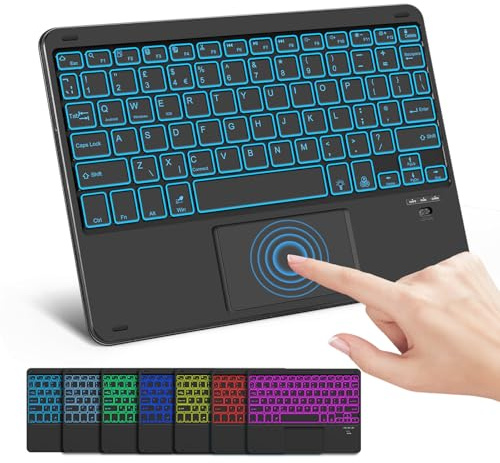 Nsyee 7-Color Bluetooth Keyboard with Touchpad for iOS/Windows/Android | UK Layout Wireless Keyboard with Trackpad, Backlit, Rechargeable & Quiet Typing, Slim & Portable Design, Wide Compatibility