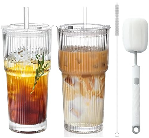 DAILIENFUS Gerippte Glasbecher mit Deckel und Strohhalm 600ml (2er Set) - Hochwertige Doppelwandige Becher, Temperaturbeständig & Luftdicht - Ideal für Heiße/Kalte Getränke, Camping, Geschenk