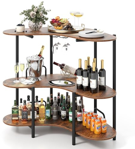 COSTWAY Tavolo da Bar 120 x 66 x 102 cm, Portabottiglie Vino a 3 Ripiani con Portabicchieri e Mensole di Stoccaggio, Isola Cucina Industriale per Bistro (Marrone)