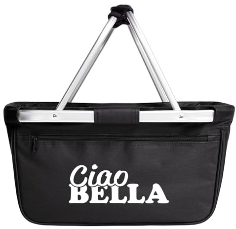 Huuraa Einkaufskorb Ciao Bella Italien Geschenk | Schön als Picknick Korb oder Shopper 20 Liter Black faltbarer Tragekorb Schwarz Geschenkidee Einkaufstasche Aluminium Griff