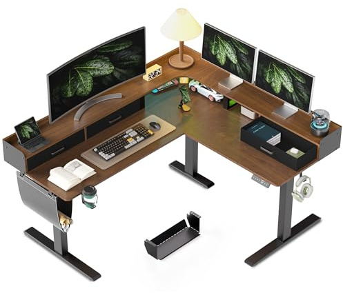 WALKINGDESK Höhenverstellbarer Eckschreibtisch 160 x 140 cm | Elektrischer L-förmiger Schreibtisch mit Monitorstände, 3 Schubladen, Computertisch für Homeoffice Gaming, Schwarznuss