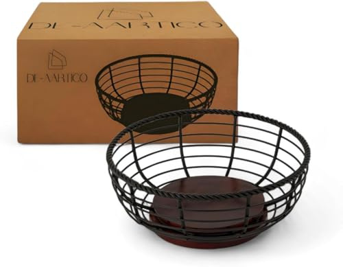 Wood and Iron Fruit Bowls Basket for Kitchen Countertop, Dishwasher Safe Basket Home Kitchen Decor