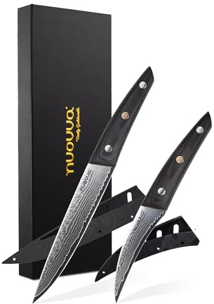 nuovva Sharp Kitchen Knife Set – 5 Inch Paring & 3.5 Inch Utility Knife – 67 Layer Damascus Japanese Steel – 2pcs Small Vegetable Knives with Hand-Polished Rosewood Handle – Sheath Included