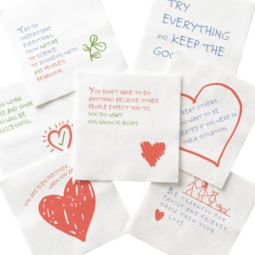 Tiny Truths Serviettes pour enfants – 50 phrases de sagesse uniques dessinées à la main – Serviettes en papier jetables amusantes pour boîte à déjeuner – Affirmations positives – Fêtes et sourires