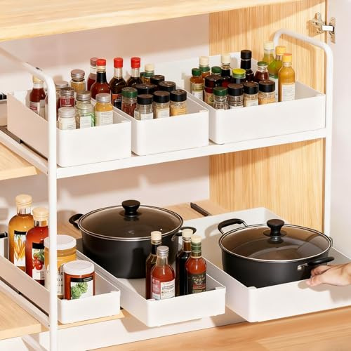 TW1TGOFT 3 Pack Pull Out Cabinet Organiser - Adhesive Slide Out Drawer Organiser, No-Drill Extendable Pull Out Drawers Shelf Storage for Bathroom Cupboard Kitchen Cabinet, White with 3 Size