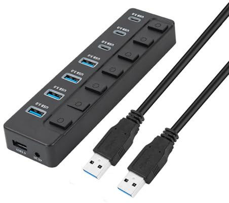 Hub USB C de 7 puertos con 4 puertos USB 3.0 y 3 puertos tipo C, interruptores individuales de velocidad de 5 Gbps, para PC, portátil, adaptador USB para dispositivos externos