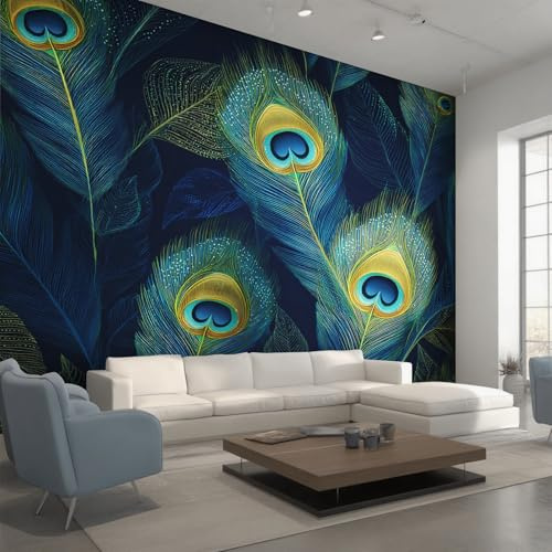 Generisch Vlies Fototapete Pfau Federn 200x140 cm, Tapete Türkis Tapeten Vliestapete Wohnzimmer Pfau Gefieder Schlafzimmer Wandtapete Ornamente Mustertapete W&40