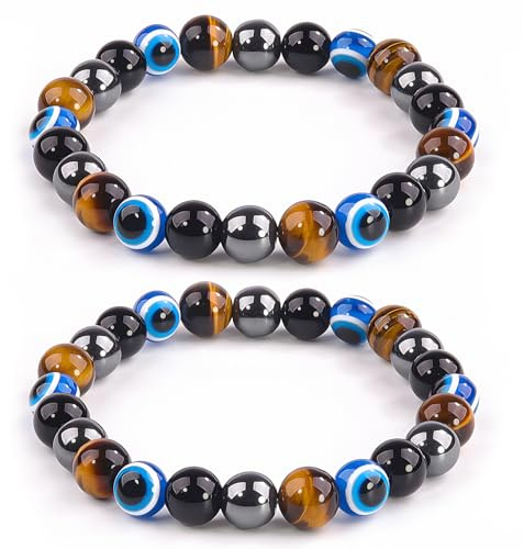 zhongko 2Pcs Evil Eye Bracelet, Tiger Eye Stone Beaded Bracelets, Natural Stone Crystal Beads Bracelet for Men Women, Emotional Stress Relief, Fashion Accessory for Gifting on Birthdays and Holidays