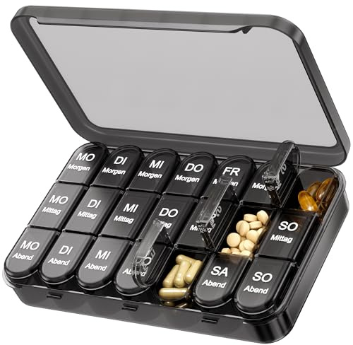 Daviky Tablettenbox 7 Tage 3 Fächer, Leicht öffnbare Medikamentenbox | Morgens Mittags Abends,Auffälliges Etikett,Große Kapazität,Auslaufsicher,Fest schließender Deckel,Modernes Design, Abnehmbar