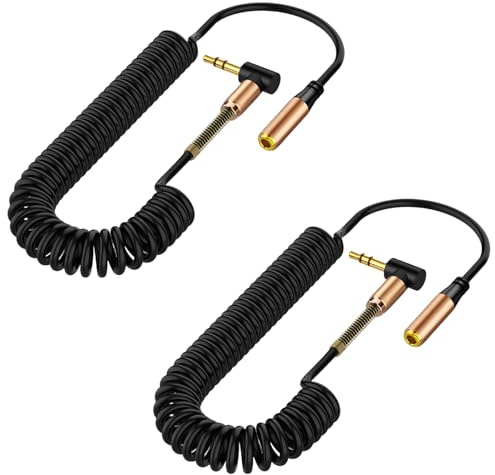 Leloco 3,5mm Klinke Verlängerung 90° Winkel AUX Kabel für Kopfhörer | Flexibles Federkabel (0,5-1,5m) mit Aluminiumgehäuse & vergoldeten Kontakten. Ideal als Kopfhörerkabel Verlängerung im Auto.