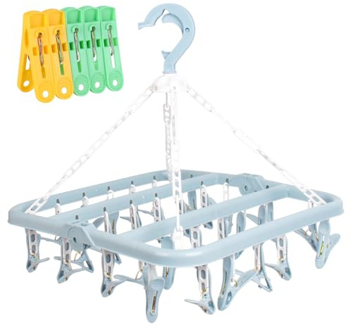 HCFGS Clothes Socks Drying Hanger 32 Peg Clips And Drip Foldable Washing Clothes Hanging Rack, Multi-Functional Clothes Pegs for Washing Line for Underwear, Baby Clothes, Hats, Socks (Blue)