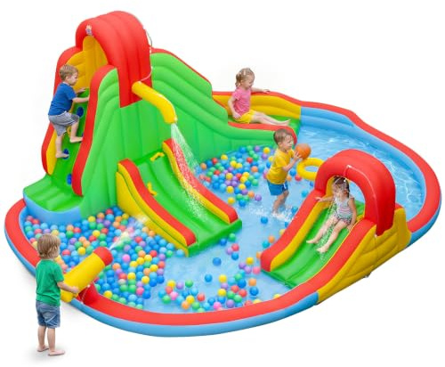 COSTWAY 511x400x240cm Castillo Hinchable Acuático para Niños, sin soplador | con 3 Toboganes, Piscina de Salpicaduras, Cañón de Agua, Pared de Escalada, Parque Acuatico Infantil