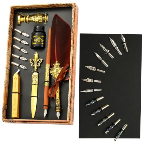 Quill Pen Ink Set | Antik fjäderpenna för att skriva | Pen bläckset | innehåller fjäderpenna, bläck, ersättningsspetsar, kuvertverktyg, vintage romantisk alla hjärtans present