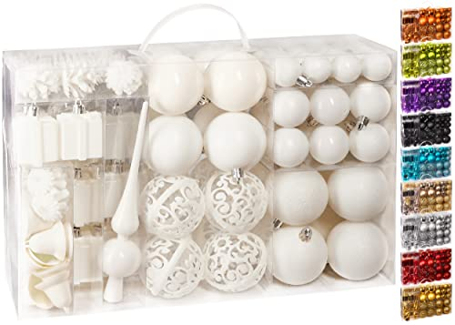 BRUBAKER 101-teiliges Set Weihnachtskugeln mit Baumspitze Creme Weiß Christbaumschmuck