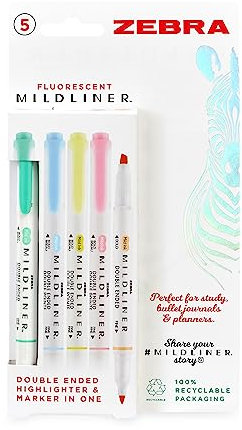 Zebra Pen MILDLINER Dual Tip Fluorescent Highlighter Pens, Pastel Highlighter Pens For Adults, Broad & Fine Tip Markers & Highlighters For Many Uses, Double Ended Highlighters, 5 Pk - Assorted Colours
