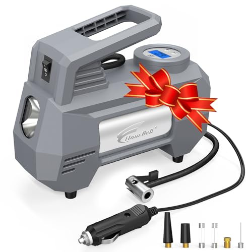 HAUSBELL Reifenkompressor 12V – Digitale Luftpumpe 150 PSI mit Abschaltautomatik, LED-Notlicht & Ventiladapter – Tragbares Autozubehör für schnelles Aufpumpen (Grau)