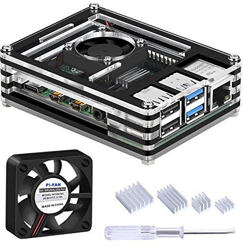 GeeekPi Acryl Gehäuse für Raspberry Pi 4 Model B, Pi4 Gehäuse mit Lüfter & Kühlkörper für Raspberry Pi 4 Model B 2GB/4GB/8GB (Schwarz und klar)