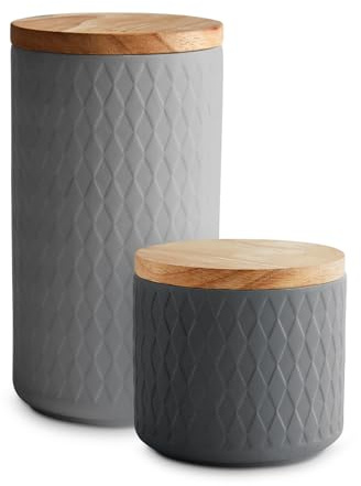 SPRINGLANE Keramik Vorratsdosen 2-tlg. Set mit Holzdeckel Grau, Kautschukholz-Deckel, Aufbewahrungsdosen, Frischhaltedosen