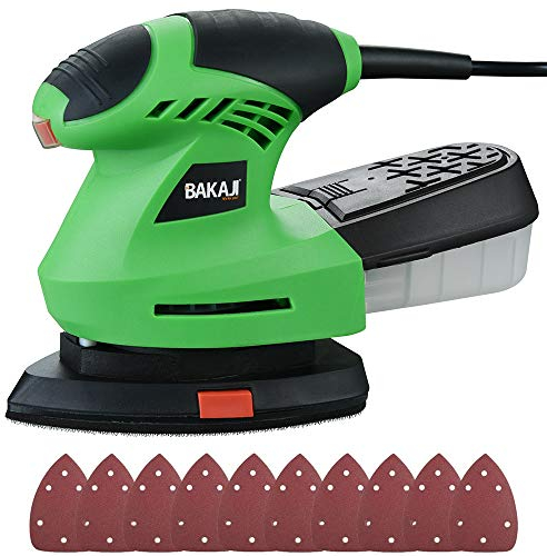 Bakaji Levigatrice Mouse Orbitale di Precisione Potenza 200W 12000 rpm Aspiratore Integrato e Vaschetta di Raccolta Polvere Base Nastro Girevole 360 gradi con 10 Fogli Abrasivi Inclusi