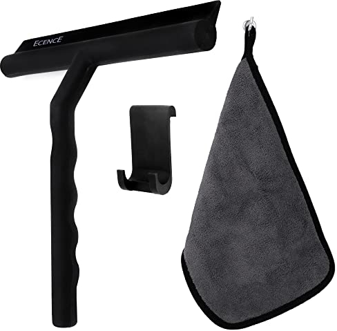 ECENCE Shower Squeegee for shower doors - Silicone Squeegee mounted shower wiper with microfiber cloth - Black - 8.27inch/21cm