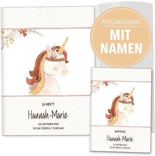 OLGS U-Heft und Impfpasshüllen Set 3-teilig Indianer Freunde Einhorn | Untersuchungsheft & Impfpasshülle, Schutzhüllen, Babygeschenk zur Geburt mit Namen - Impfpass, Uhefthülle personalisiert