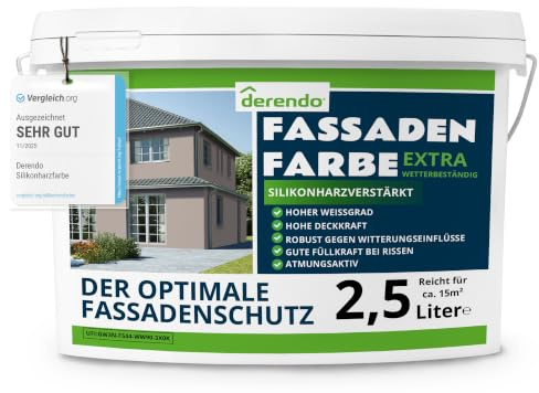 derendo Fassadenfarbe Beige silikonharzverstärkt aussen Cappuccino 2,5l | Für Putz Beton, Abperleffekt, wasserabweisend, UV-beständig, hohe Deckkraft, rissfüllend, diffusionsoffen, Made in Germany