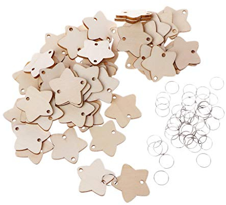 KerDejar Lot de 50 rondelles en bois en forme d'étoile avec 50 boucles en fer pour rappel d'anniversaire, plaque à suspendre, calendrier, accessoires de décoration d'intérieur