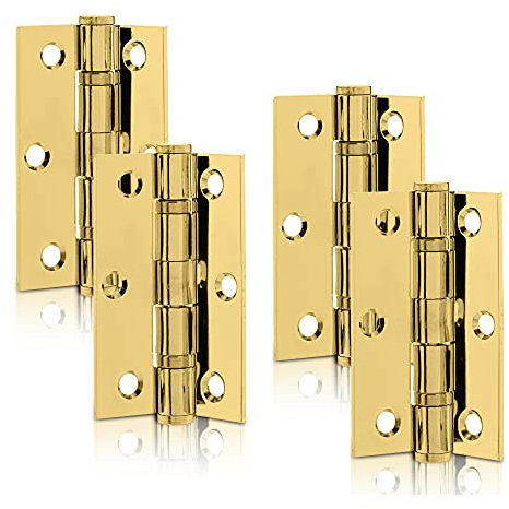 XFORT 3 Inch (75mm) Polished Brass Ball Bearing Hinges, Steel Door Hinge for Wooden Doors (2 Pairs)