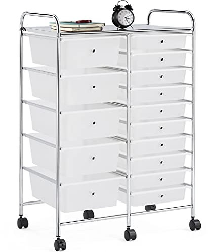 Yaheetech Cassettiera Torre di stoccaggio Carrello Portaoggetti con 15 Cassetti in PP e Ferro per Ufficio/Sala da Pranzo/Cucina/Dispensa/Soggiorno Bianco