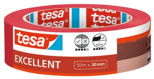 Tesa Nastro per Mascherature Excellent, Nastro Adesivo da Pittura in Carta Sottile per Lavori di Verniciatura, Per Tutte le Tinte, Vernici e Smalti, Uso Interno, 50 m x 30 mm