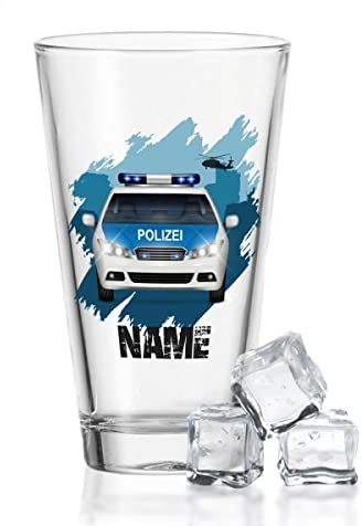 GRAVURZEILE Leonardo Wasserglas mit UV-Druck - im Polizei Design - mit Wunschname - Für Kinder als Geschenk - Geeignet als Trinkglas