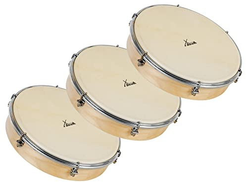 XDrum HTM-12S 12 Handtrommel mit Natur-Fell 3x Set, Durchmesser: 12 (30 | 5 cm), Robustes Schafsfell, Holzrahmen aus Ahorn, 6 Spannhaken zum Stimmen der Trommel, Ergonomischer Griff, Höhe: 6 cm